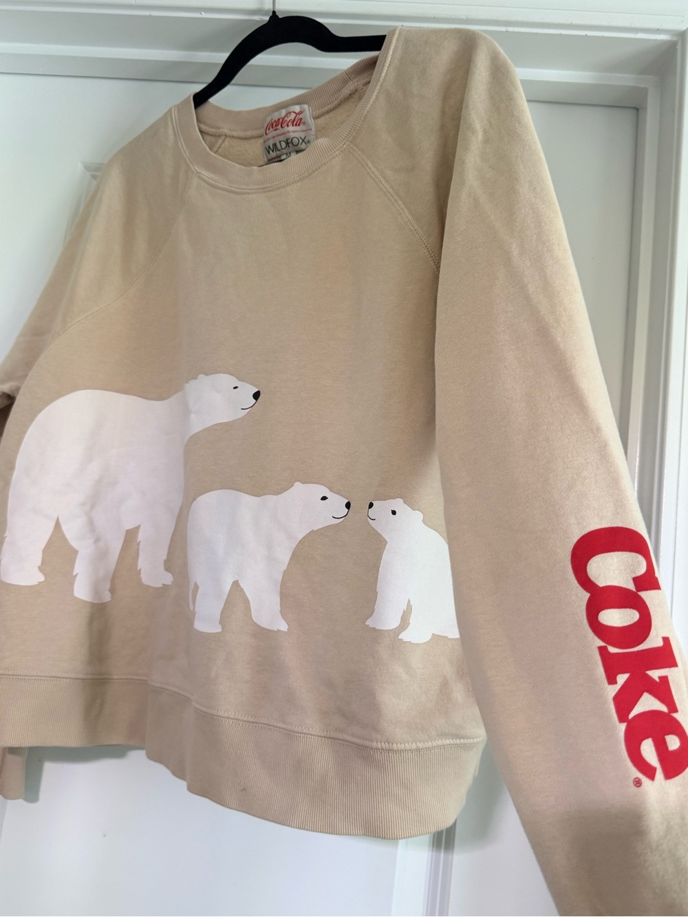 Coca Cola Beige Sweatshirt with White Polar Bear Trio and Red 'Coke' Sleeve Logo